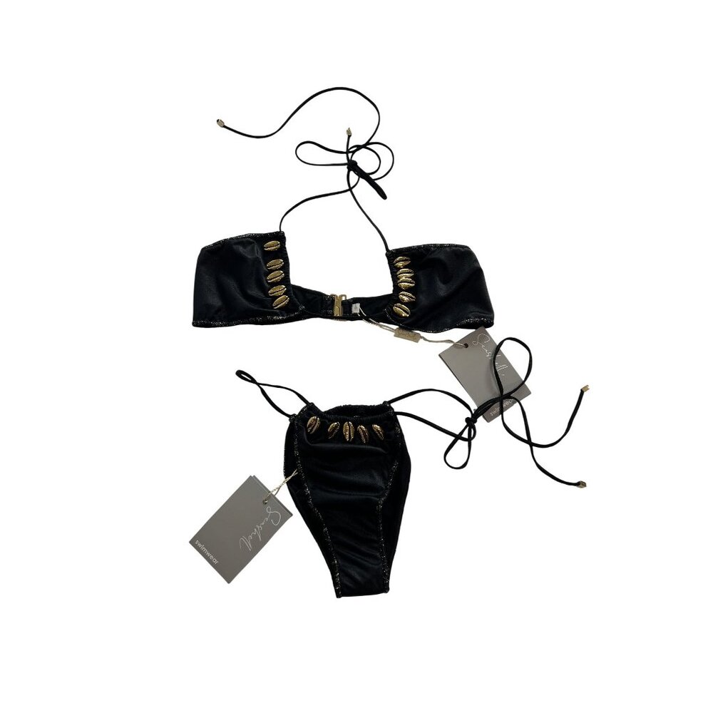 Seashell June Halter Pearl Tie Side Bikini in Black